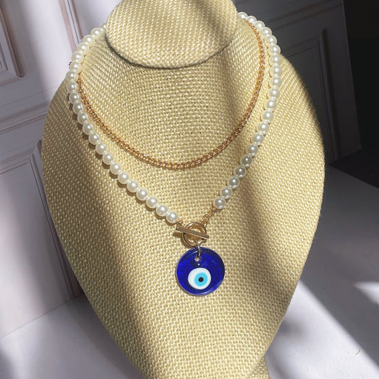Collar Doble con Ojo Turco y Perlas