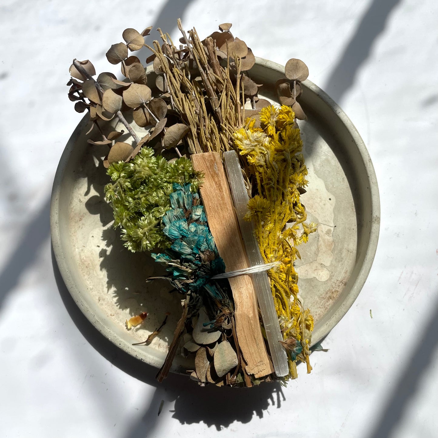 Sahumerio de Abundancia: Selenita, Palo santo y Dólar.