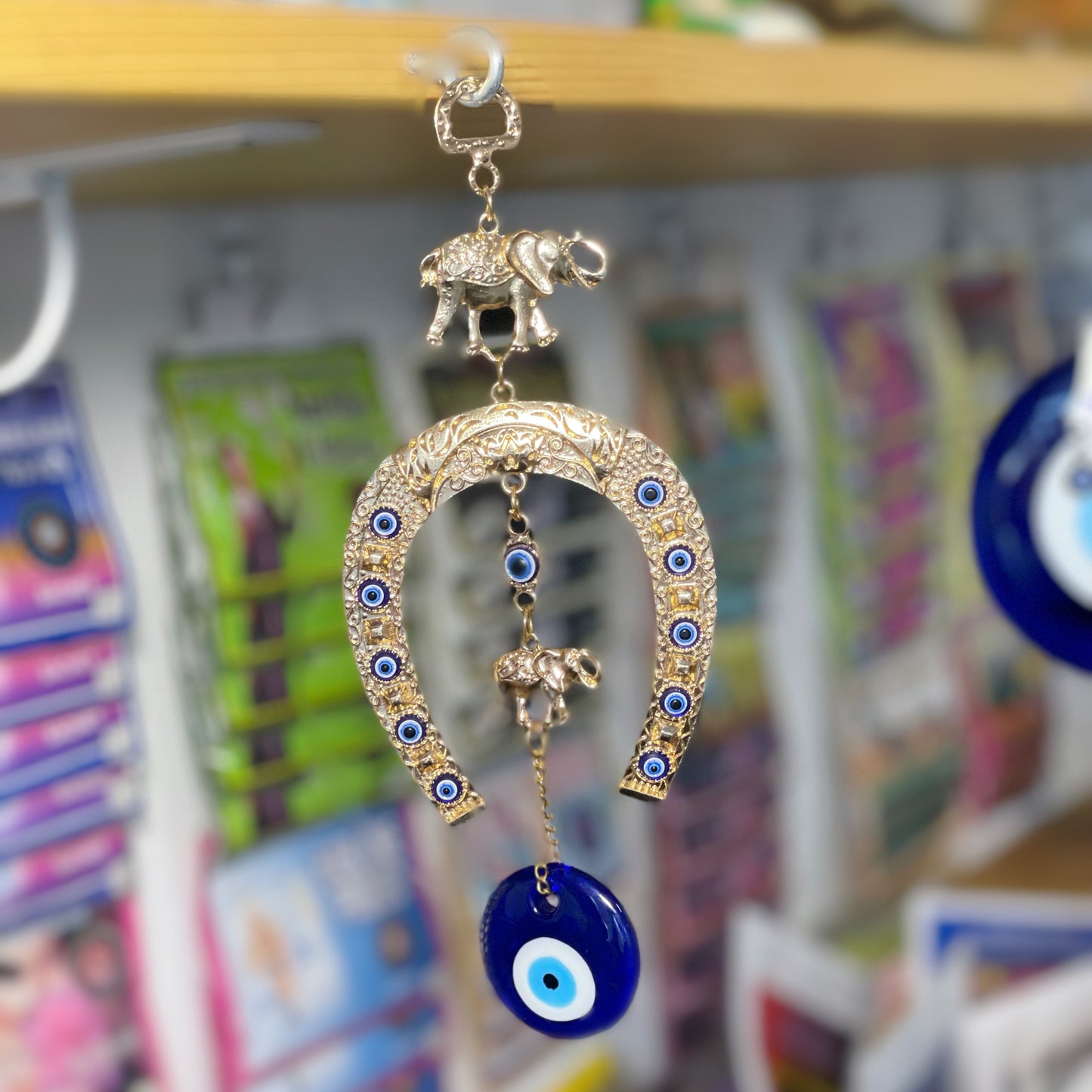 Colgante de Herradura de la Suerte con Elefantes y Ojo Turco