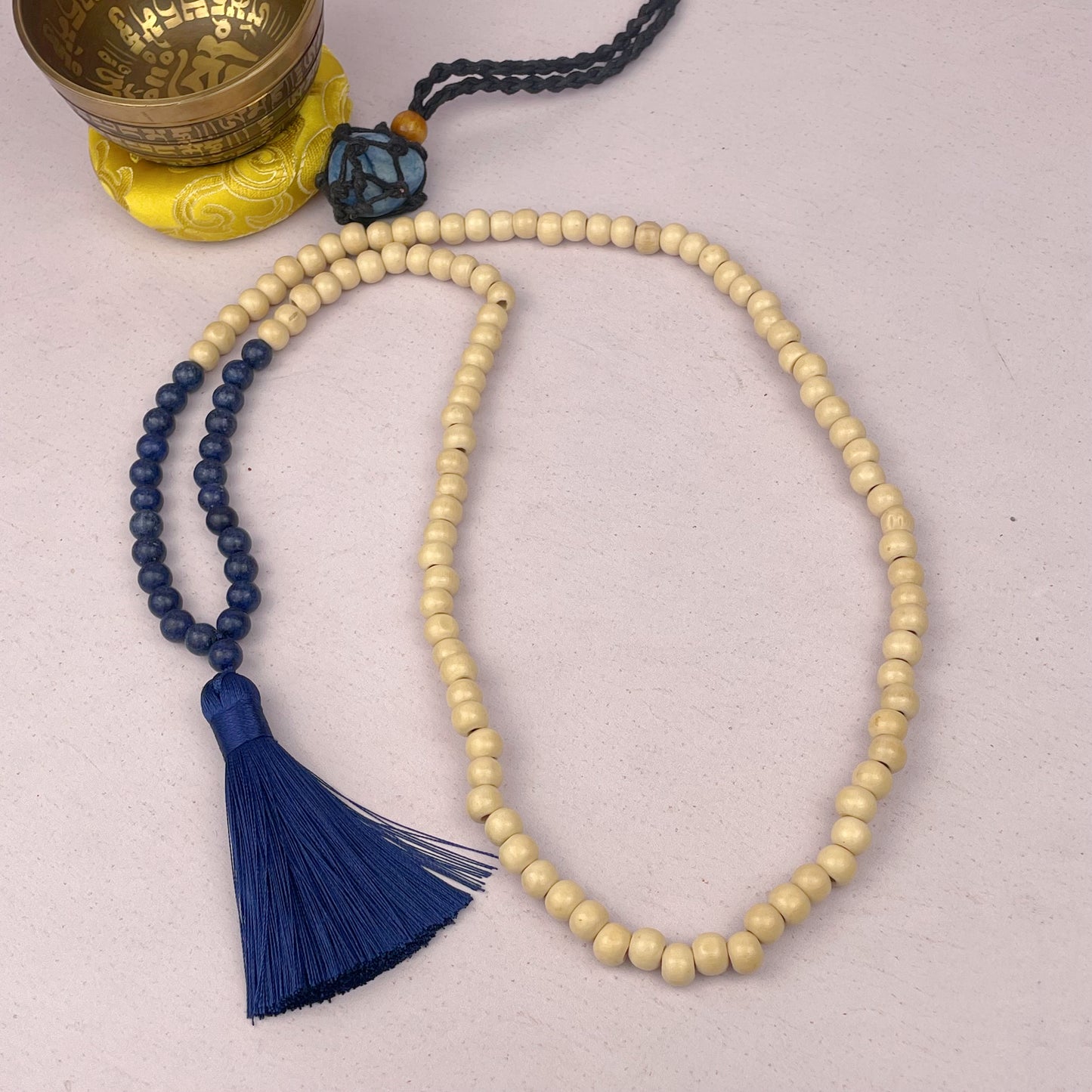 Japamala Cuentas de Madera Clara detalles Azul